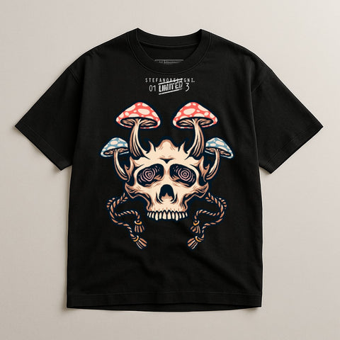 Black T-shirt with Colorful Skull and Mushroom Design