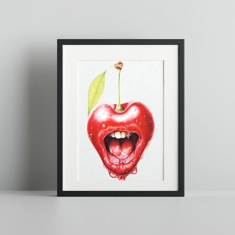 Unique Cherry Mouth Art Print in Bold Black Frame
