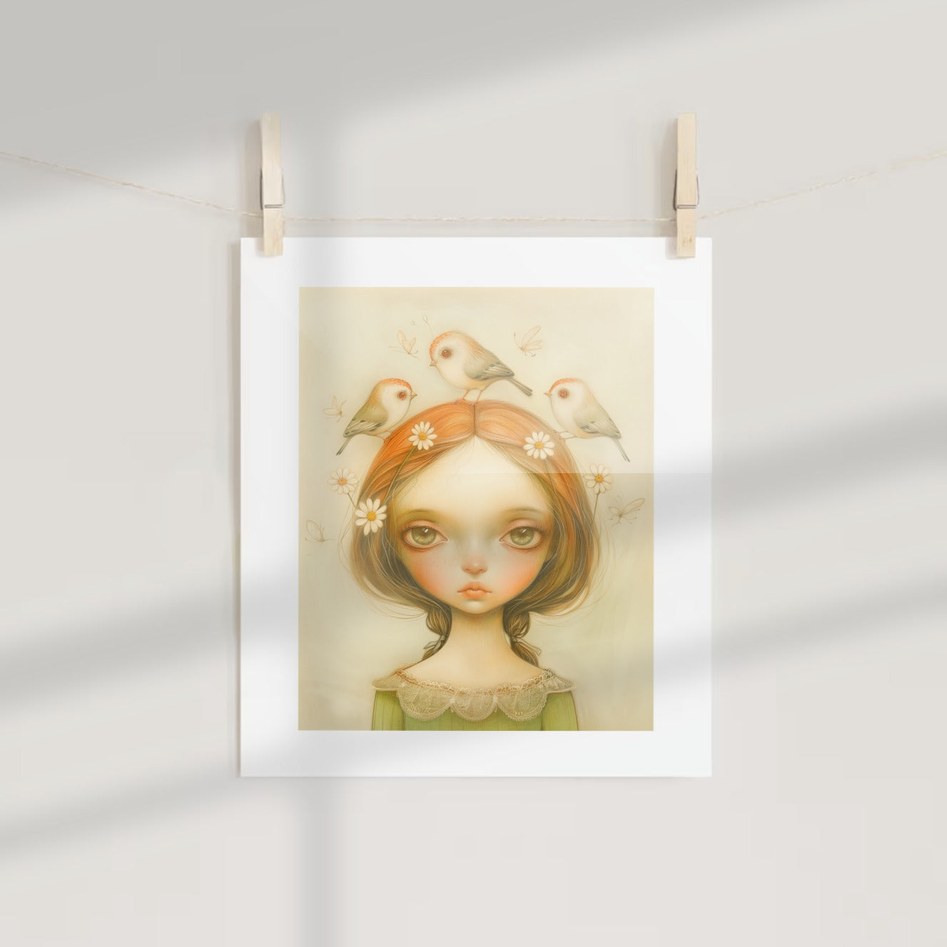 Whimsical Girl with Birds and Daisies Art Print