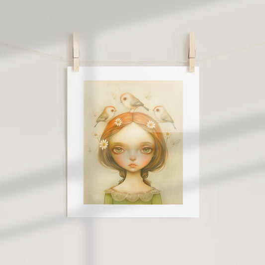 Whimsical Girl with Birds and Daisies Art Print