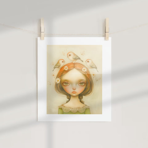 Whimsical Girl with Birds and Daisies Art Print