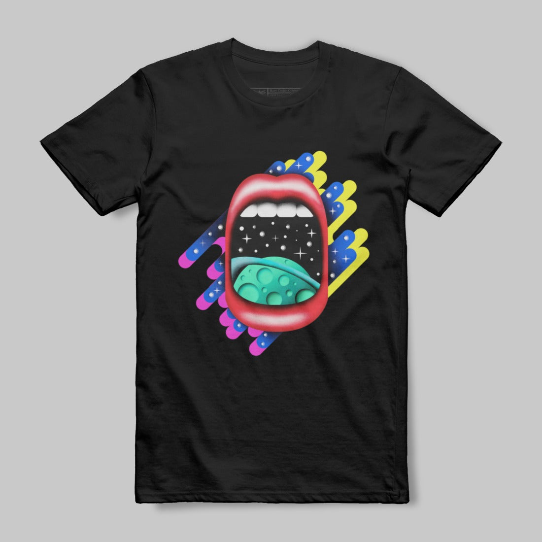 Vibrant Cosmic Mouth Design Black T-Shirt