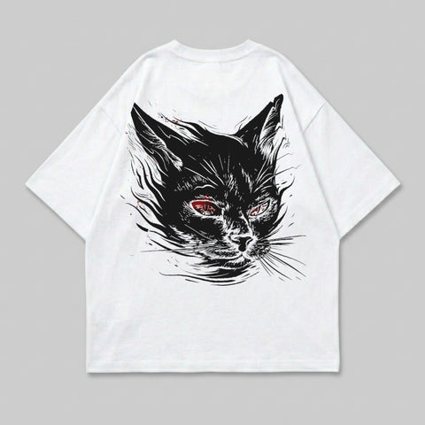 Fierce Black Cat Red Eye Graphic White T-Shirt product type