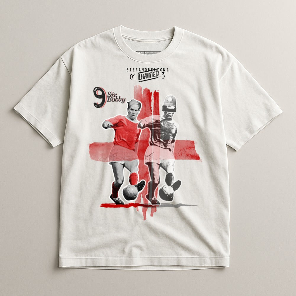 T-shirt featuring vintage soccer players, "Sir Bobby", and numbers 9 and 3.