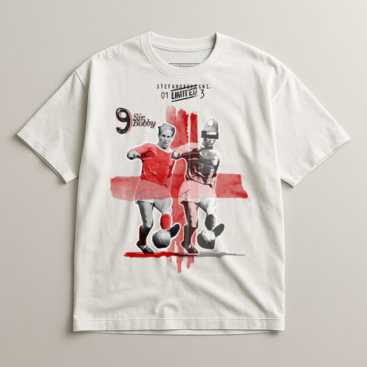 T-shirt featuring vintage soccer players, "Sir Bobby", and numbers 9 and 3.