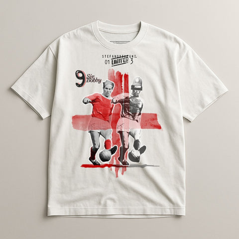 T-shirt featuring vintage soccer players, "Sir Bobby", and numbers 9 and 3.
