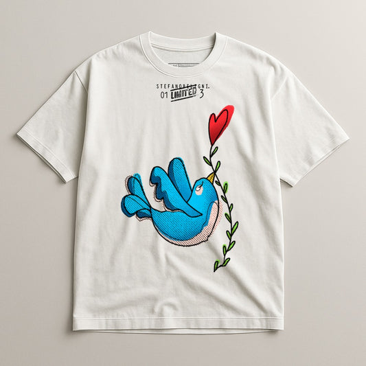 Artistic Bluebird with Red Heart Design on T-shirt
