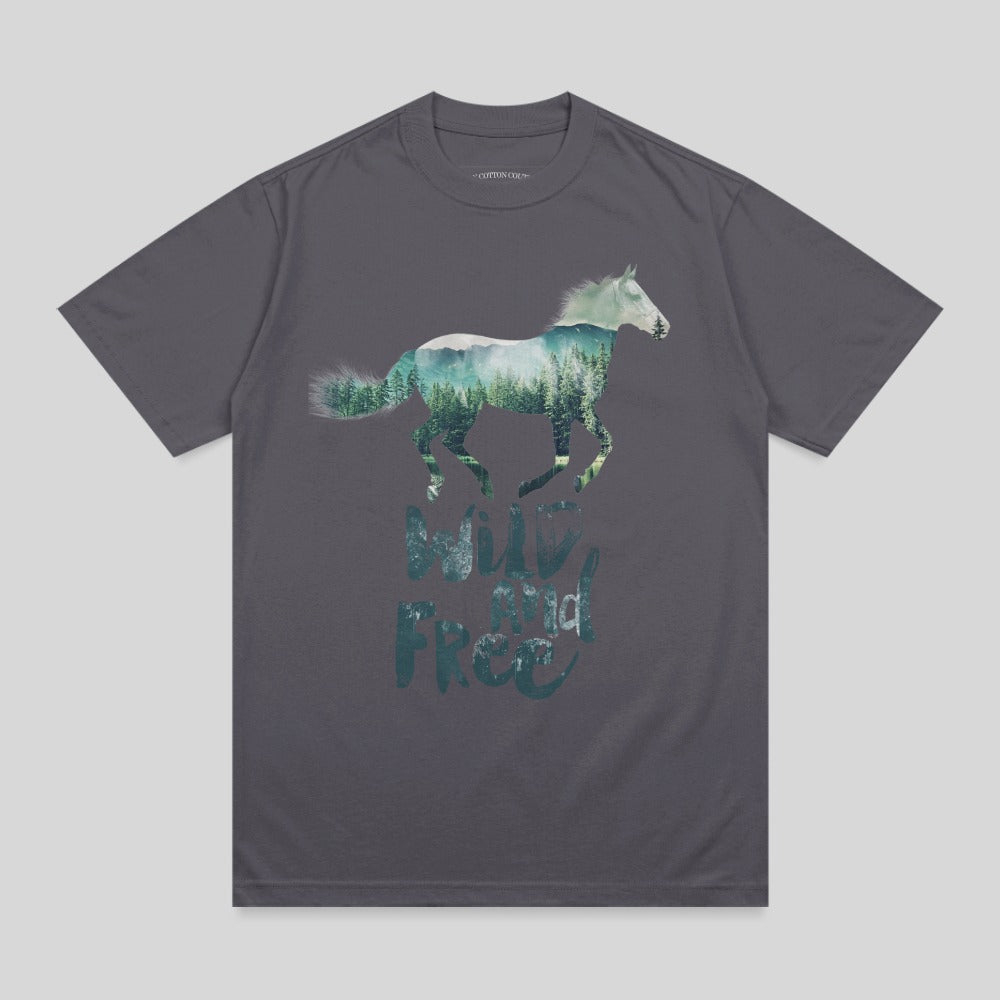 Dark grey t-shirt with a horse silhouette filled with a forest landscape and "Wild and Free" text.