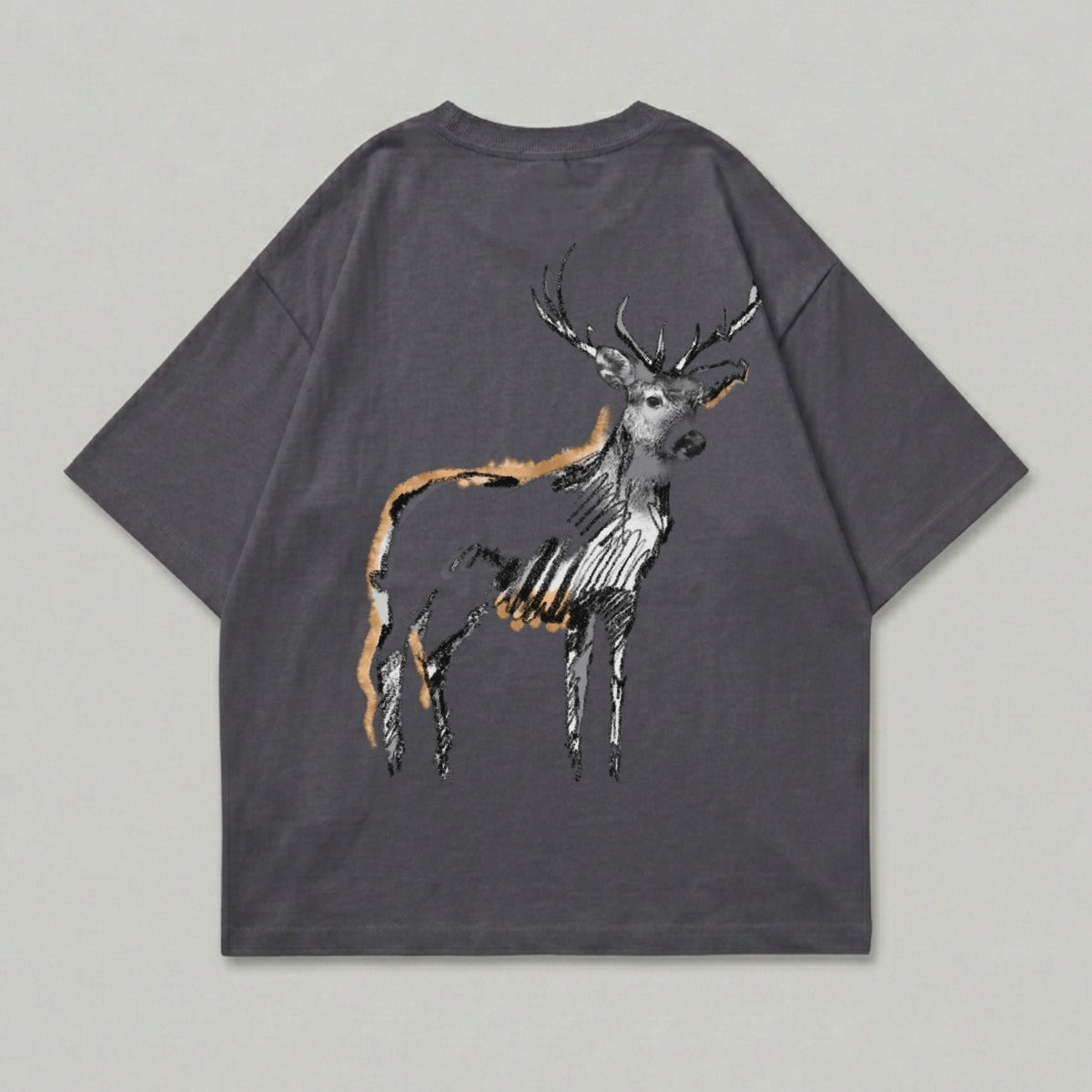 Dark gray t-shirt with a sketch of a deer in black, white, and orange.