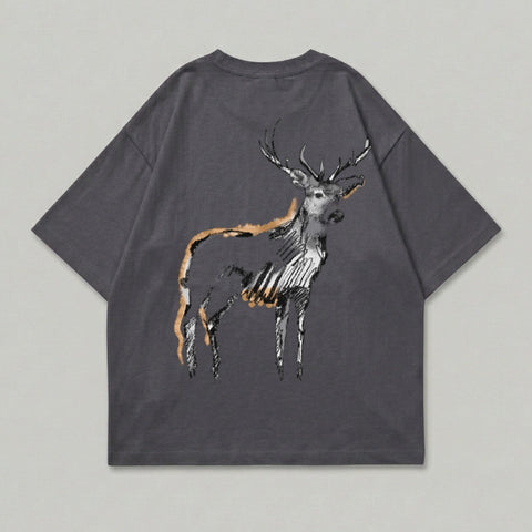 Dark gray t-shirt with a sketch of a deer in black, white, and orange.
