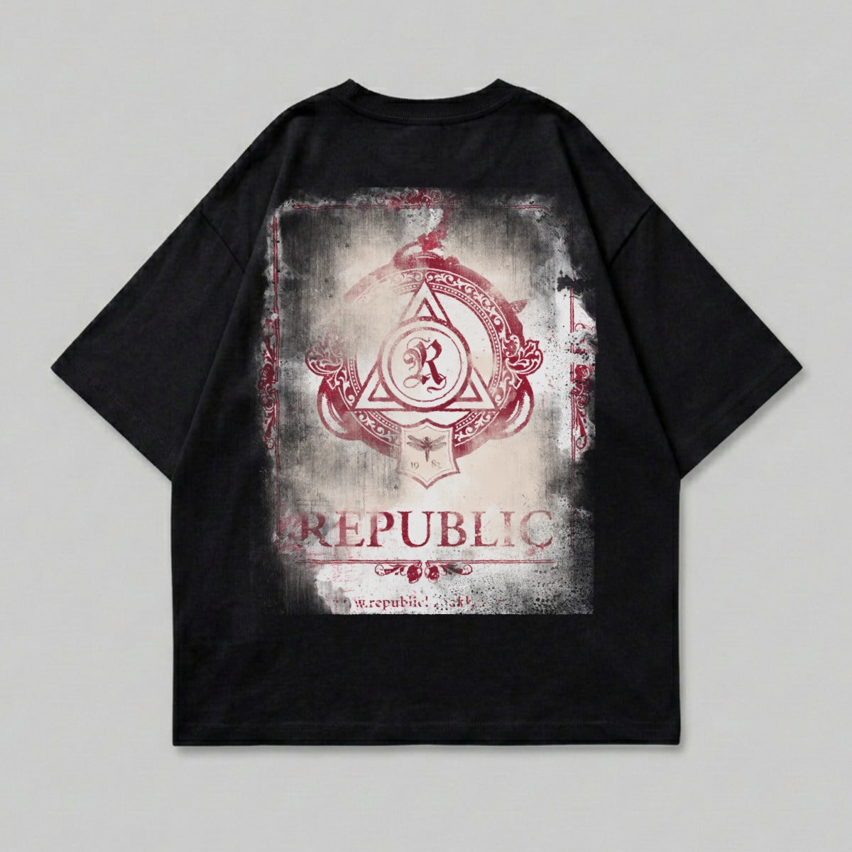 Black t-shirt with distressed red and white circular graphic and text.