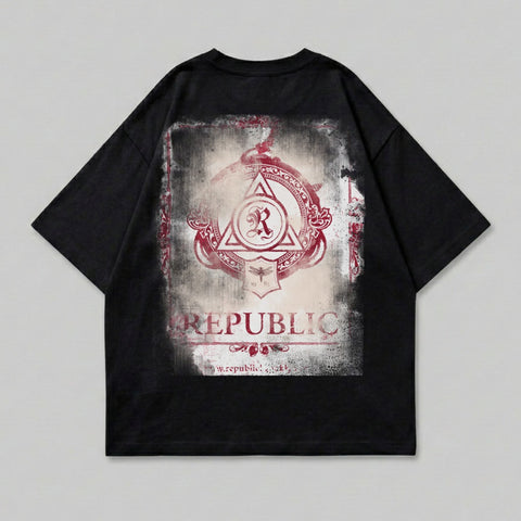Black t-shirt with distressed red and white circular graphic and text.