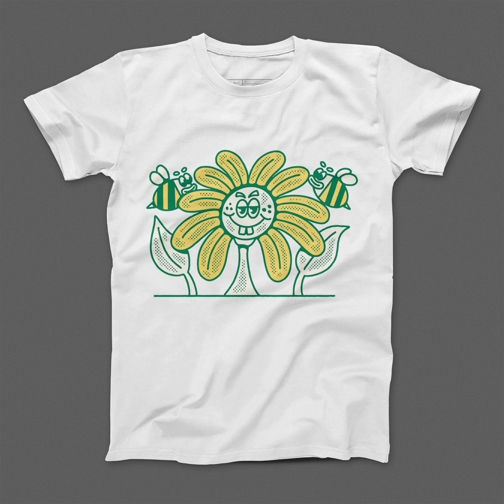Cute Smiling Flower with Bees Printed T-shirt