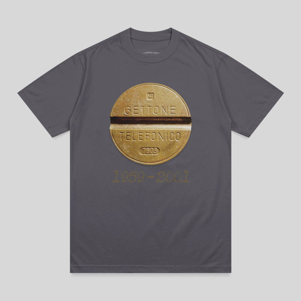 Dark gray t-shirt with gold "GETTONE TELEFONICO" text and a circle design.