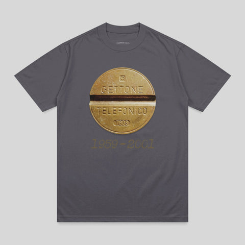 Dark gray t-shirt with gold "GETTONE TELEFONICO" text and a circle design.