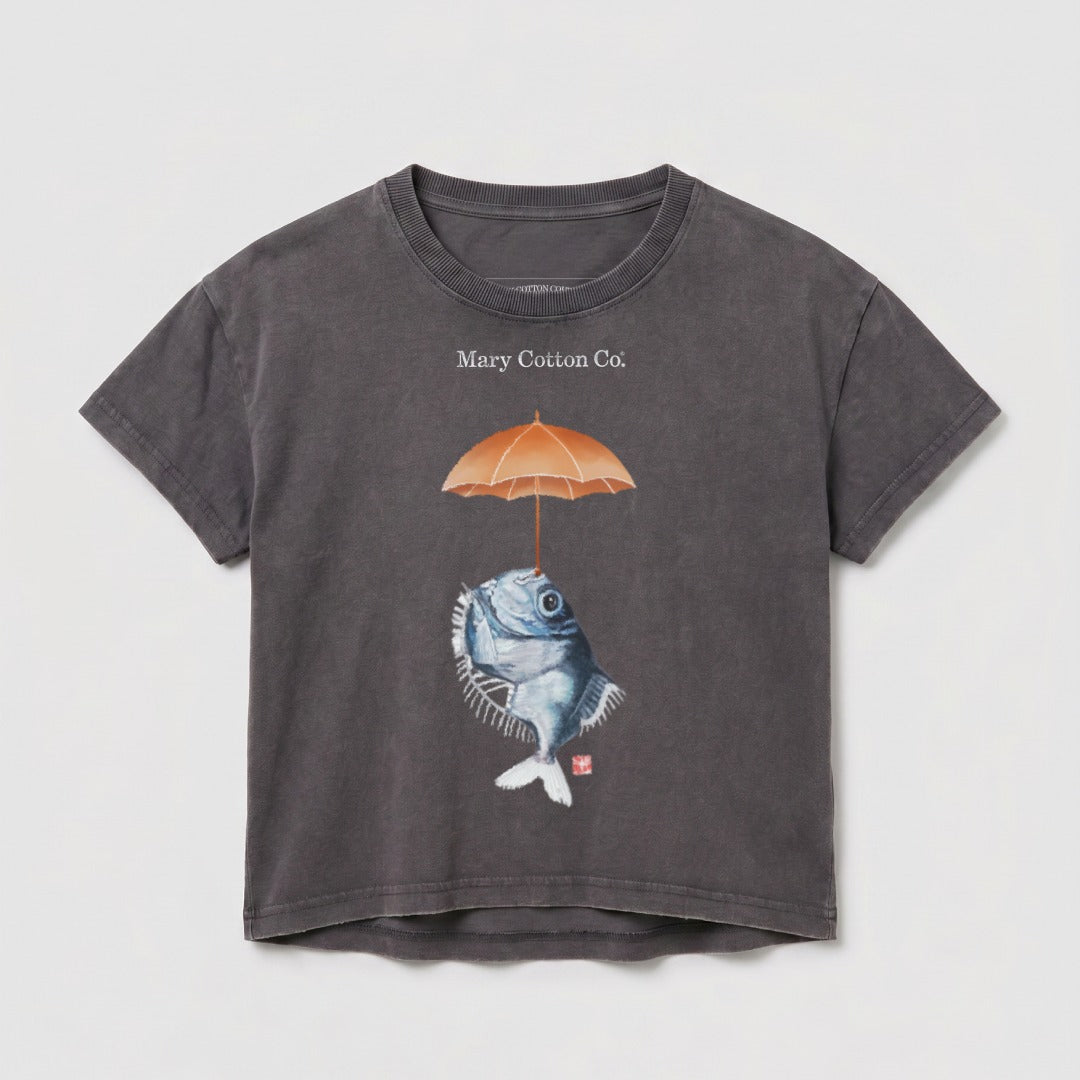 Dark gray t-shirt with a fish holding an orange umbrella.