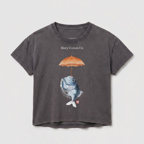 Dark gray t-shirt with a fish holding an orange umbrella.