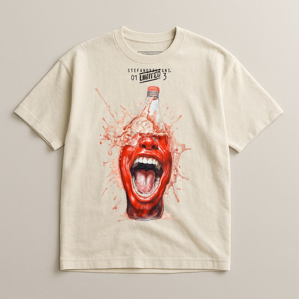 Cream t-shirt with graphic of red face exploding from bottle, "Stefano De Lisi" and "01 LIMITED 3" text.