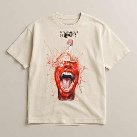 Cream t-shirt with graphic of red face exploding from bottle, "Stefano De Lisi" and "01 LIMITED 3" text.