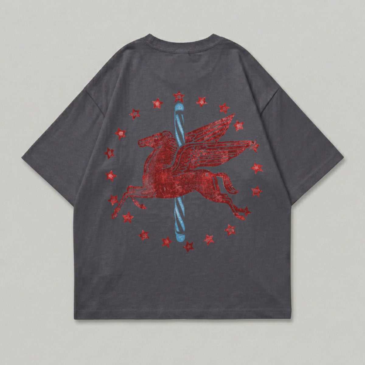 Dark gray t-shirt with red pegasus and blue star design.