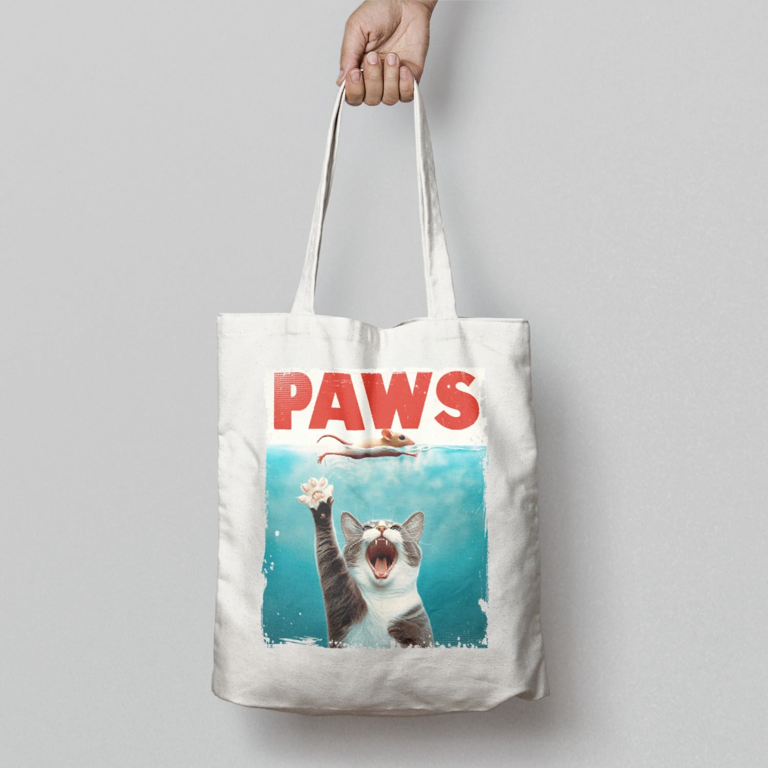 Funny Cat Chasing Mouse PAWS Design Tote Bag