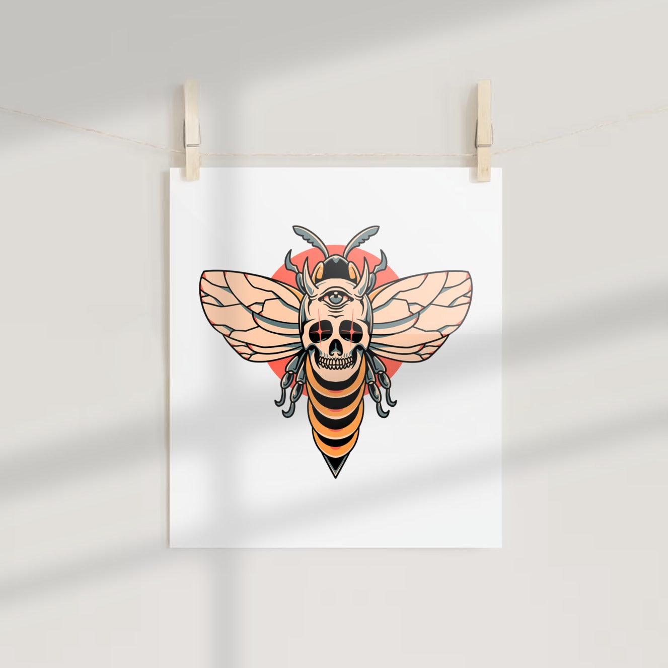 Intricate Skull and Bee Art with All-Seeing Eye Print