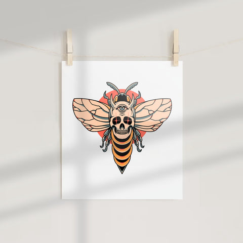 Intricate Skull and Bee Art with All-Seeing Eye Print