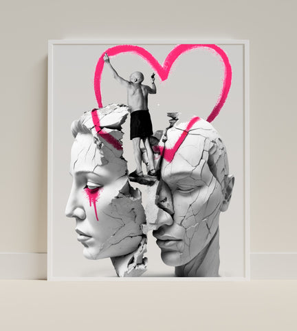 Modern Abstract Love Art with Cracked Faces Poster