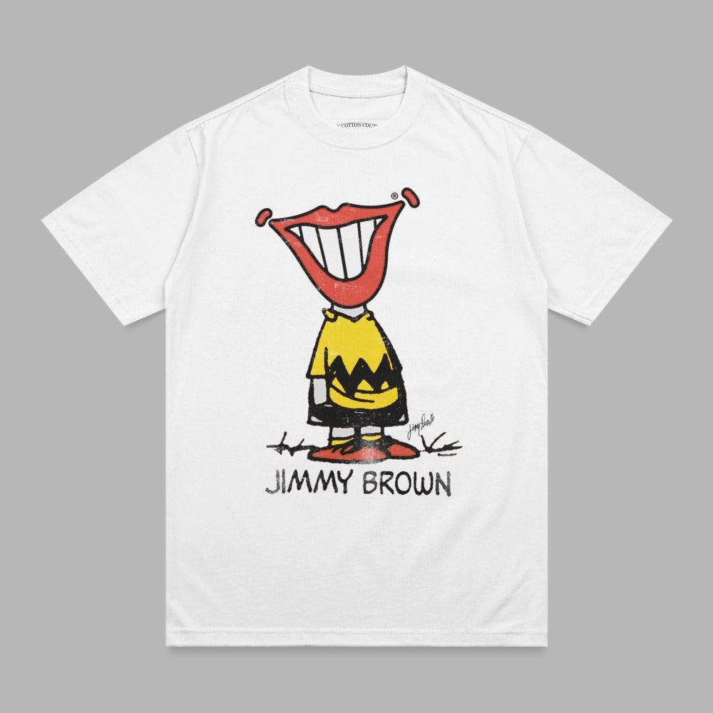 White t-shirt with a cartoon mouth and "JIMMY BROWN" text.