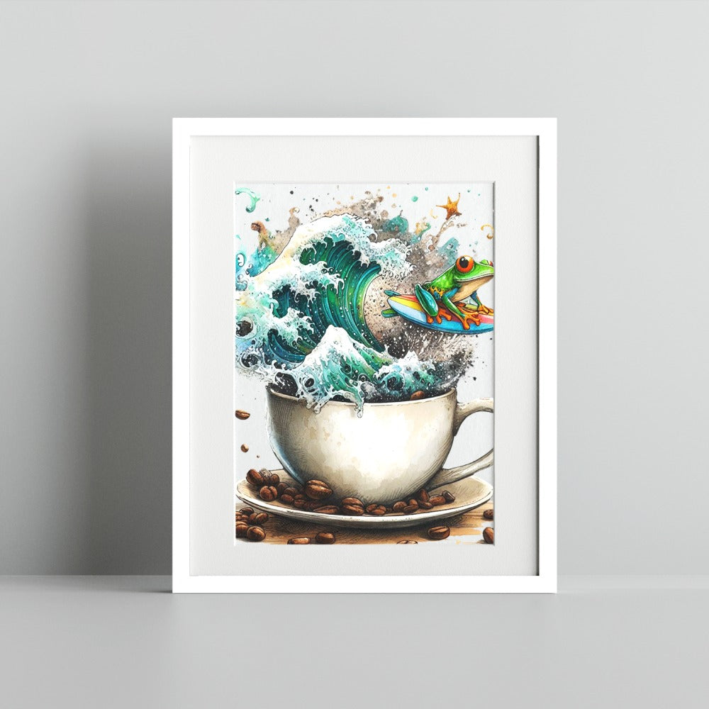 Frog Riding Surf in Coffee Mug Art Print