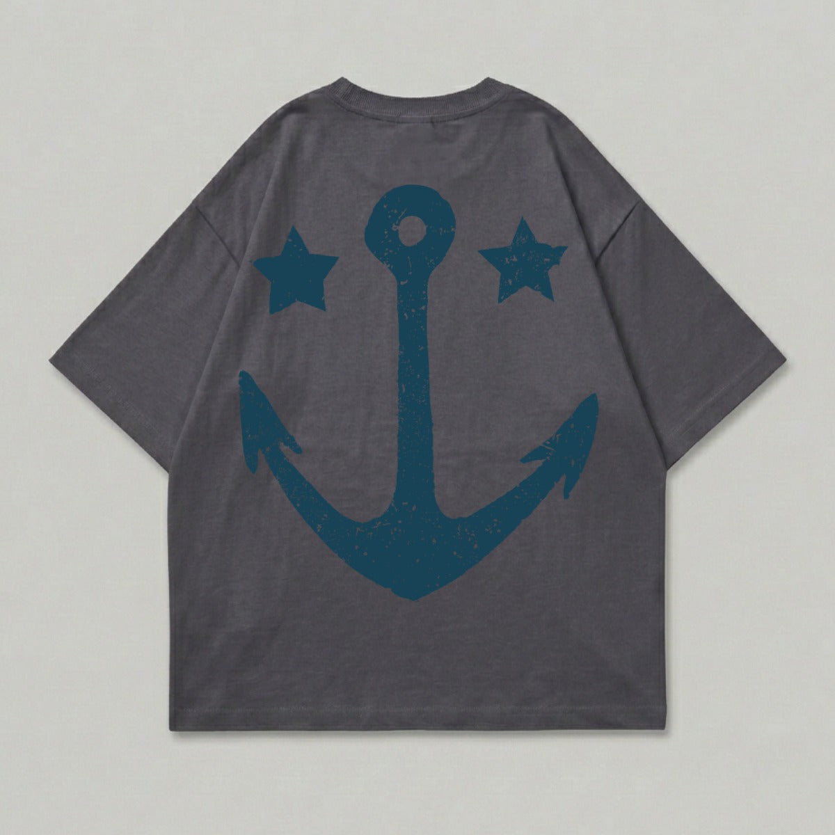 Dark gray t-shirt with distressed anchor and two stars graphic on back.