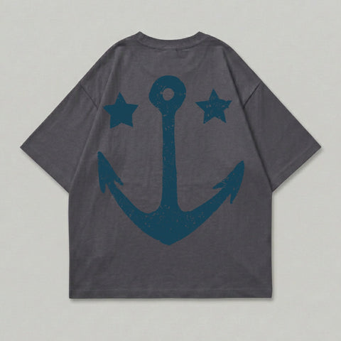 Dark gray t-shirt with distressed anchor and two stars graphic on back.