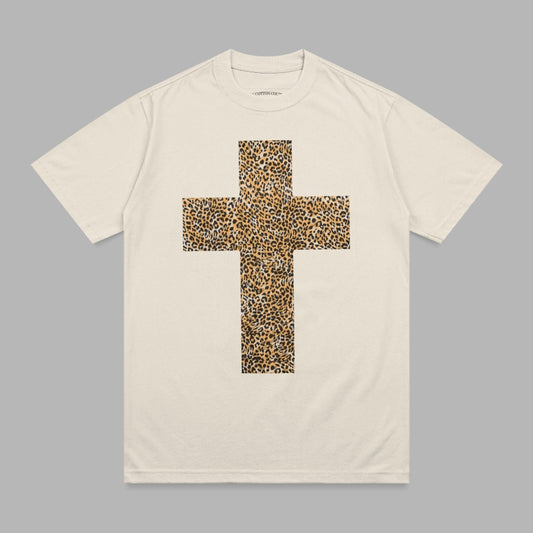 Cream t-shirt with a large leopard print cross graphic on the front.