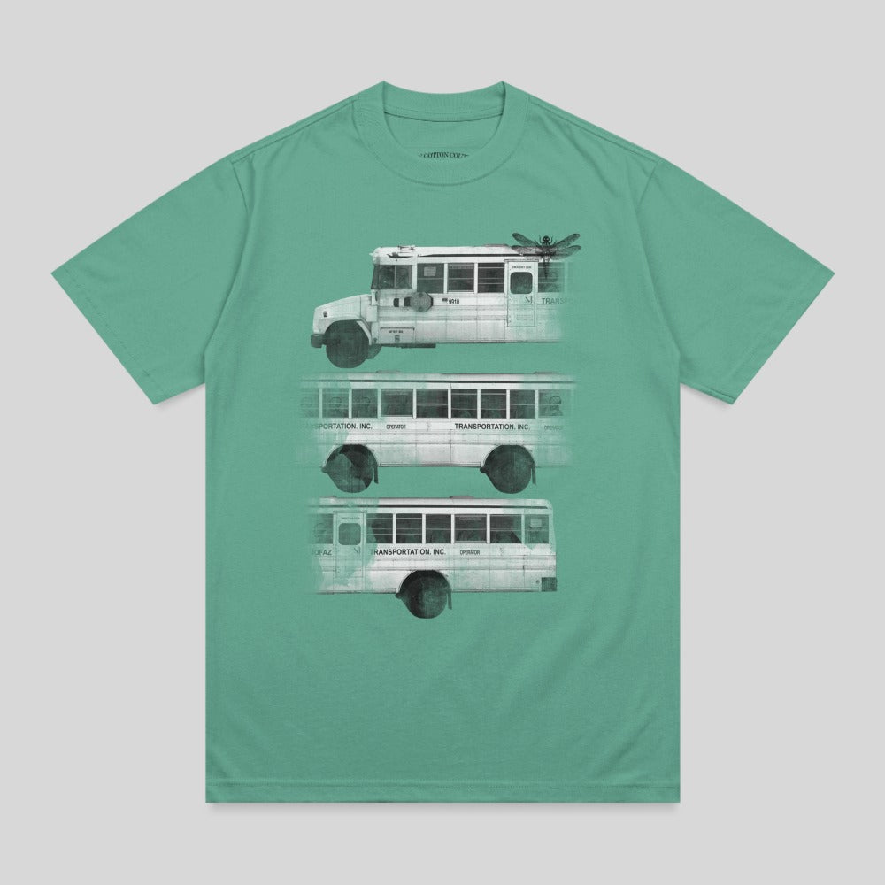 Three stylized white school buses layered, with a dragonfly above.