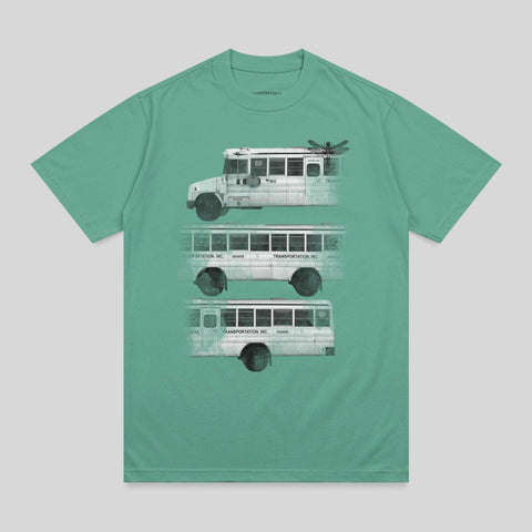 Three stylized white school buses layered, with a dragonfly above.