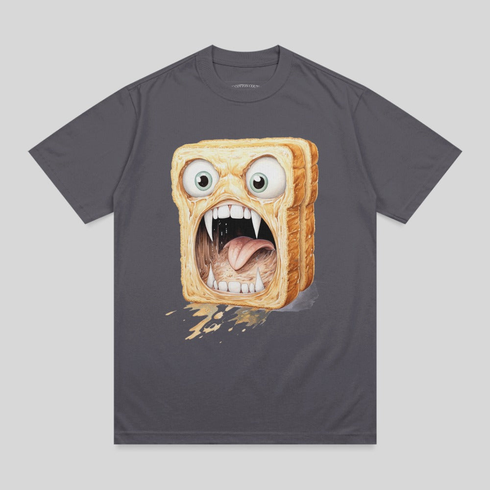 Cartoon toast with large eyes and mouth open, drooling.