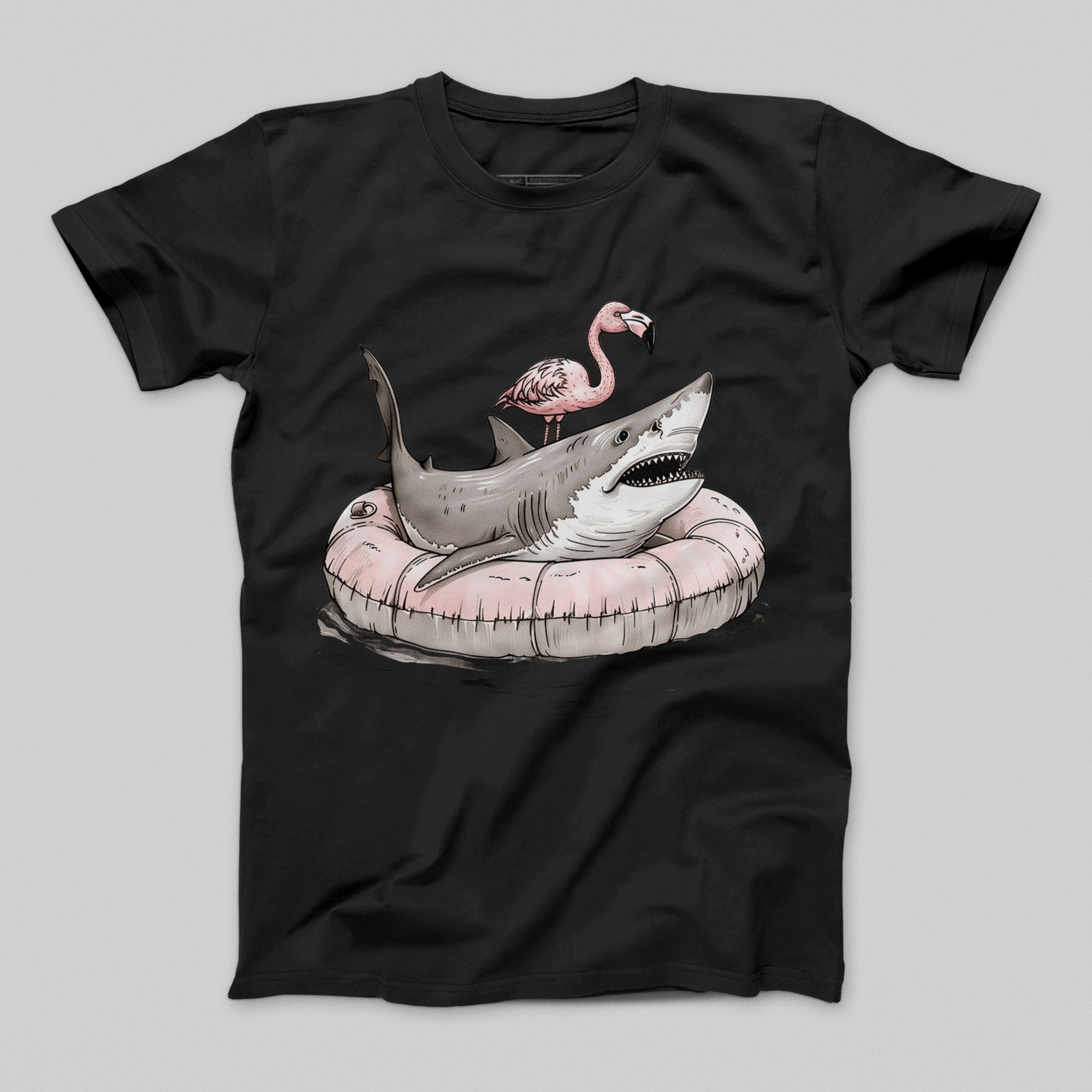 Flamingo Riding Shark Graphic Print T-shirt