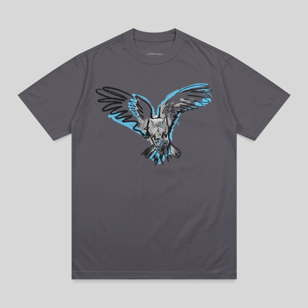 Gray t-shirt with a stylized owl illustration in blue and black.