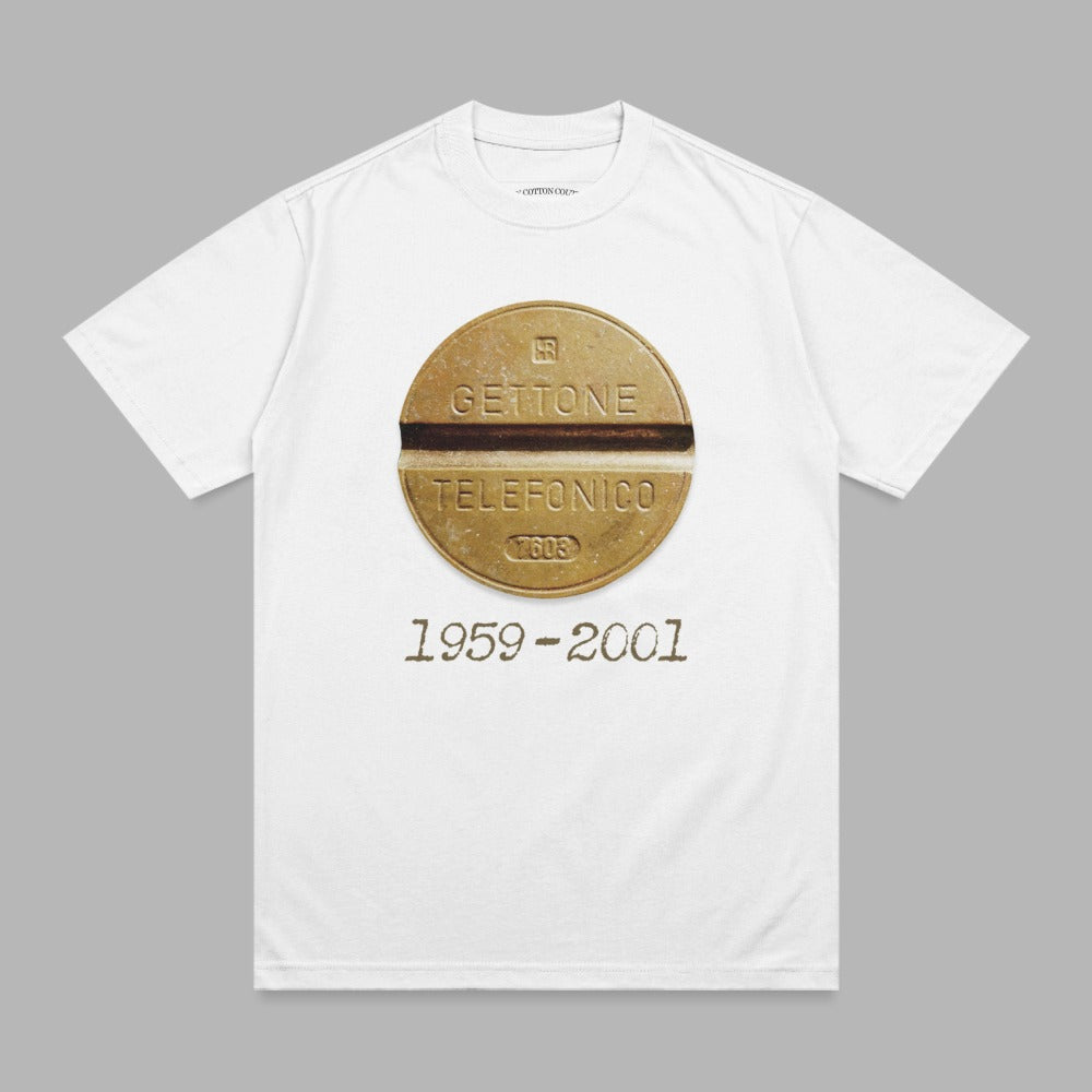 White t-shirt with a circular graphic featuring "GETTONE TELEFONICO" and "1959-2001".