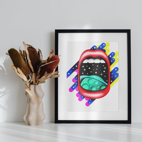 Vibrant Cosmic Lips Art Print with Abstract Background