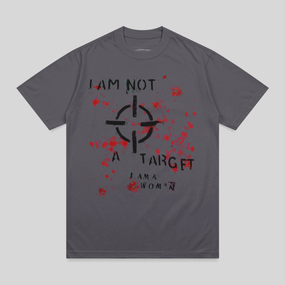 Dark grey t-shirt with a black target graphic and red splatters.