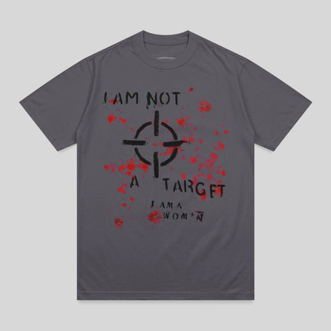 Dark grey t-shirt with a black target graphic and red splatters.