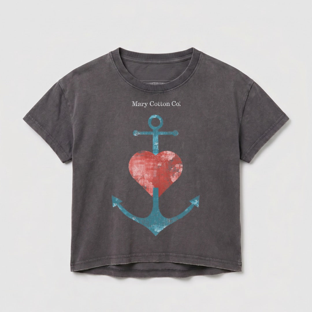 Gray t-shirt with a red heart and blue anchor graphic.
