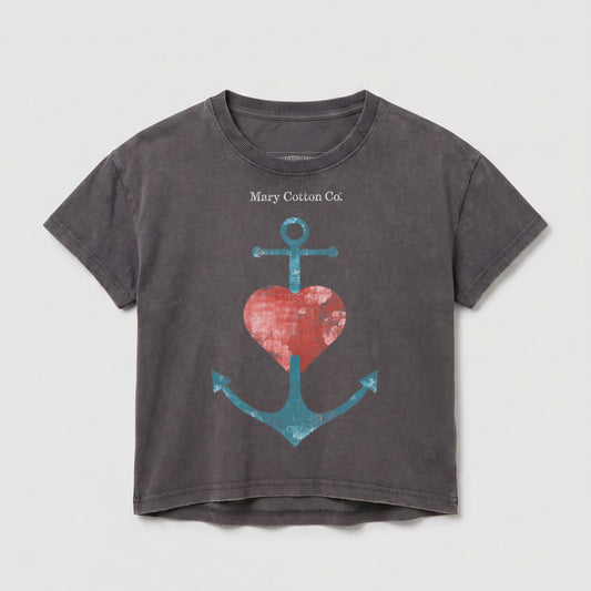 Gray t-shirt with a red heart and blue anchor graphic.