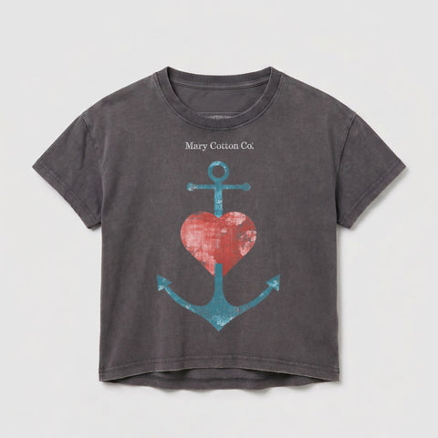 Gray t-shirt with a red heart and blue anchor graphic.