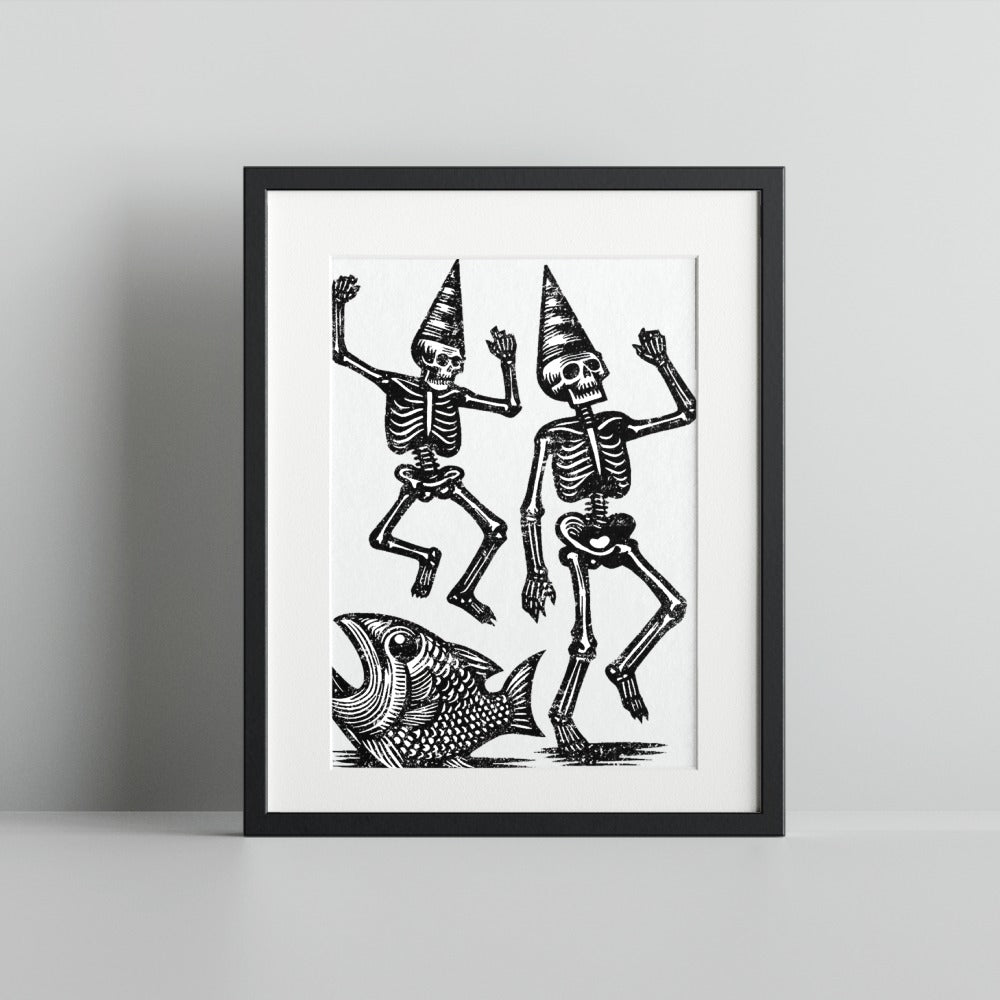 Funky Skeletons Dancing Over Fish Artwork Print