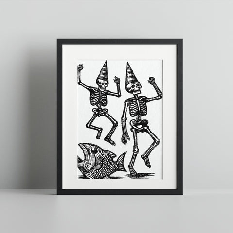 Funky Skeletons Dancing Over Fish Artwork Print