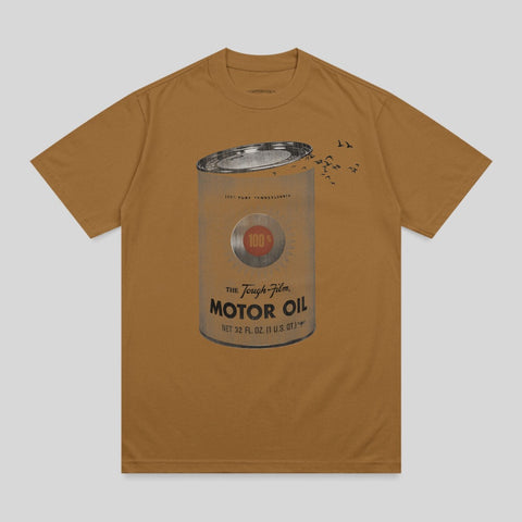 Brown t-shirt featuring a vintage motor oil can design with birds overhead.