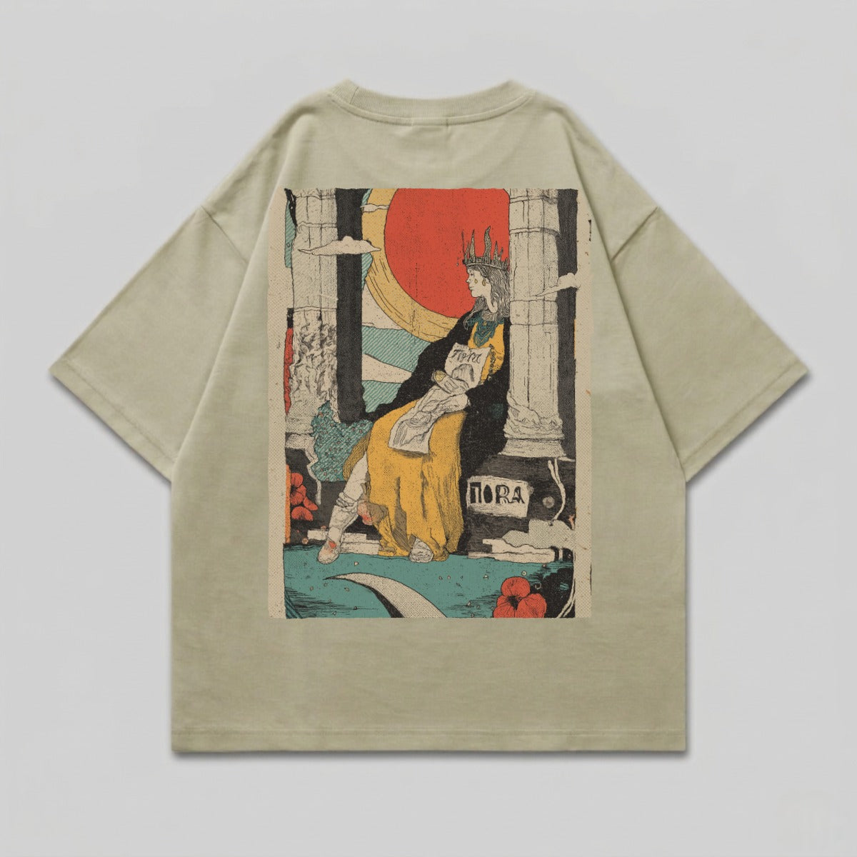Crowned Queen NORA FLORA Mythic Artistic Regal Design product type
Queen graphic
Crown art
Mythology design
Ancient style
Goddess print
Vintage illustration
Regal imagery
NORA apparel
FLORA fashion
Artistic tee
Sun motif
Pillar artwork
Beige shirt
Khaki top
Olive apparel
Graphic tee
Aesthetic clothing
Unique design
Retro print
Creative artwear
