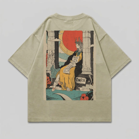 Crowned Queen NORA FLORA Mythic Artistic Regal Design product type
Queen graphic
Crown art
Mythology design
Ancient style
Goddess print
Vintage illustration
Regal imagery
NORA apparel
FLORA fashion
Artistic tee
Sun motif
Pillar artwork
Beige shirt
Khaki top
Olive apparel
Graphic tee
Aesthetic clothing
Unique design
Retro print
Creative artwear